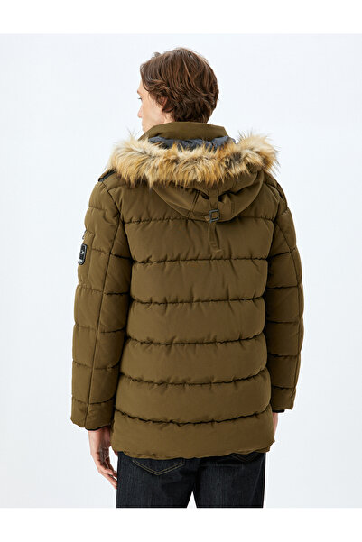 Koton Slim Fit Puffer Jacket - Faux Fur Hooded Label Detailed Zippered