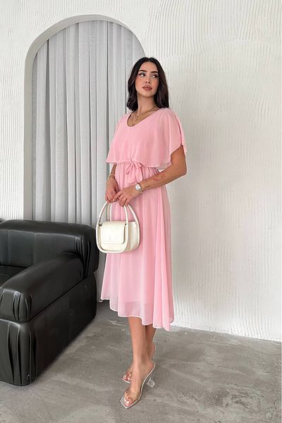Neşeli Butik γυναικείο φόρεμα σιφόν με ζώνη midi μήκους NBK4116