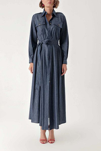 SOCIETA Navy Blue Long Denim Dress with Snap Detail 94270