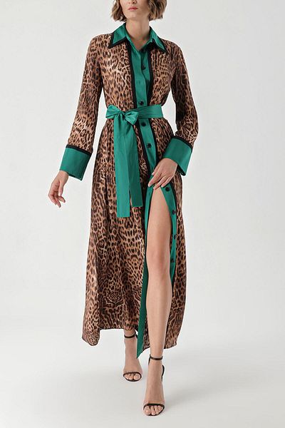 SOCIETA Leopard-Green Two-color Gathered long dress 94318