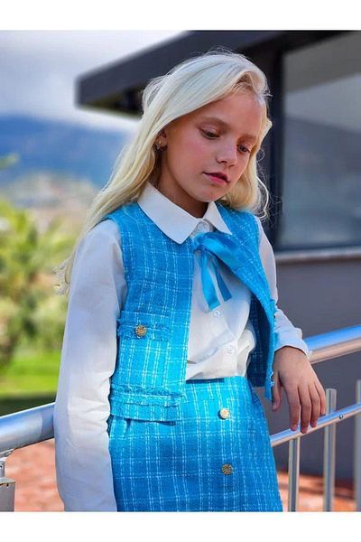 Hilal Akıncı Kids Girl's Gray Vest Skirt White Shirt 3 Piece Set