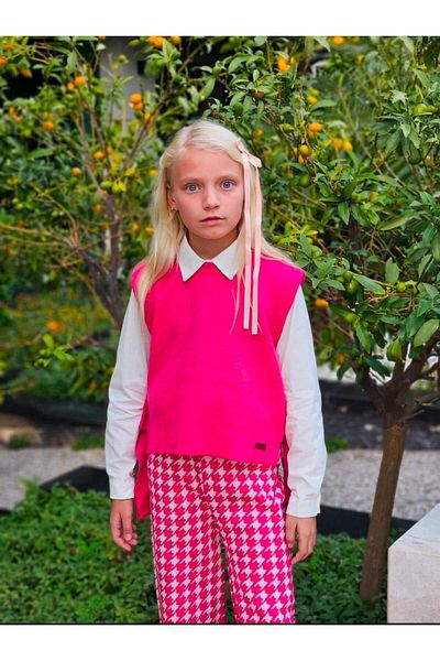 Hilal Akıncı Kids Girl's Fuchsia Knitwear Pullover White Shirt Houndstooth Model Trousers 3-Piece Set