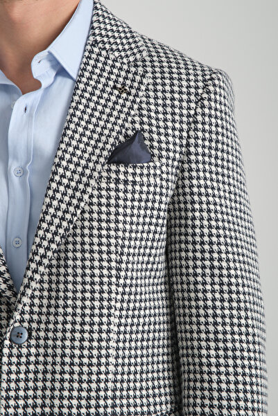 Frappoli Remos Men's Navy Blue Houndstooth Patterned Stretching Fabric Mono Collar Sports Blazer Jacket