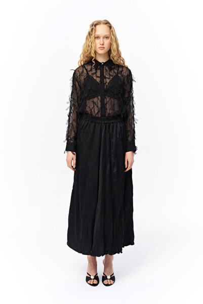 Quzu Beli Lastikli Pileli Midi Boy Etek Siyah