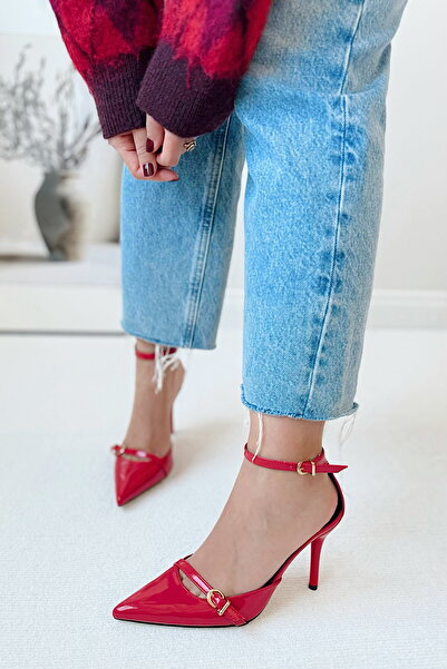 POLKA STORE Charm Sivri Burun Bant Detaylı Metal Tokalı Arka Açık Stiletto Abiye Topuklu Kadın Ayakkabı