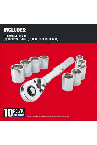 CraftSman 10-Piece Alloy Steel Rust-Resistant 6-Point Metric Standard Socket Set 3 and 8inch