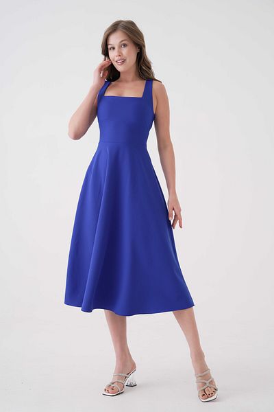 lovebox Atlas Fabric Flared Cutout Τετράγωνος γιακάς Midi Size Saks Μπλε βραδινό φόρεμα 151