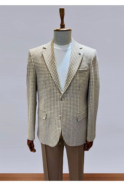 Frappoli Ανδρικό μπουφάν Remos με μπεζ μοτίβο Houndstooth Stretching Fabric Mono Collar Sports Blazer