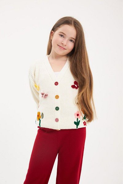 Hilal Akıncı Kids Colorful Buttoned Floral Patterned White Knitwear Cardigan Colorful Trousers Set of 2