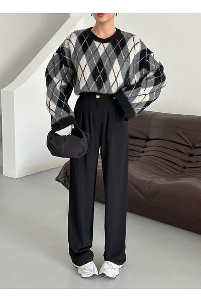 Laluvia Black Gold Buttoned Elastic Waist Palazzo Trousers - 51078