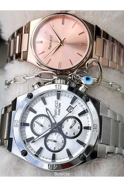 Ferrucci Silver Yellow Lover Wrist Watch with Rosary Bracelet Gift - Brand Steel Band