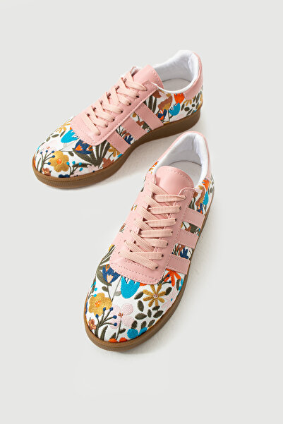Feyz istanbul Beyaz Deri Garni Pembe Çiçek Nakışlı Sneaker Spor Ayakkabı Gardena