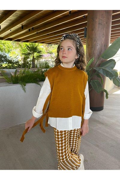 Hilal Akıncı Kids Girl's Fuchsia Knitwear Pullover White Shirt Houndstooth Model Trousers 3-Piece Set