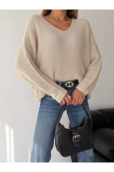 CyRo Pulover de damă, bej, cu decolteu în V Thessaloniki, tricotat supradimen...