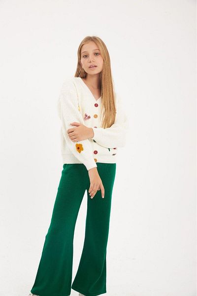 Hilal Akıncı Kids Colorful Buttoned Floral Patterned White Knitwear Cardigan Colorful Trousers Set of 2
