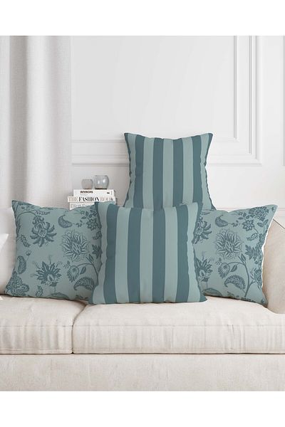 Mumi Dekor Blue Shades Line Patterned Ethnic Boho Digital Printed 4-Piece Sofa Pillow Throw Pillow Cover Set