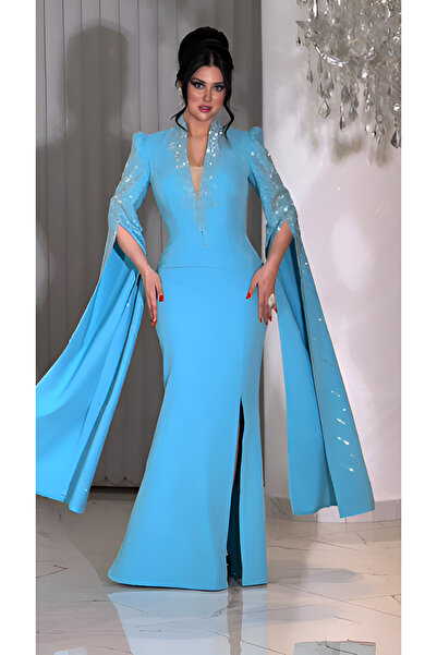 NHMODA DOUBLE KREP KUMAŞ V YAKA KOL DETAYLI UZUN KOLLU ABİYE