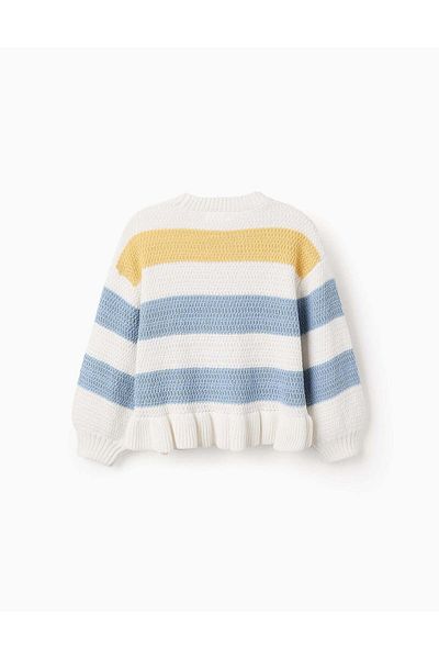 Ziddy Striped Knit Jumper with Ruffles for Girls, White/Yellow/Blue