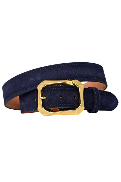 GoDeri %100 Hakiki Deri, Gold Renk Tokalı 4 Cm Süet Lacivert Kadın Kemeri; Kot, Spor Kemer=süet.08.Lacivert