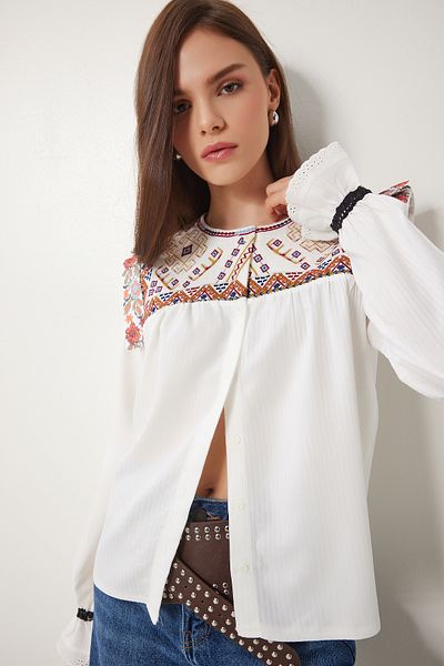 Lovelyİstanbul Beige Les0017 Embroidery Embroidered Cotton Shirt