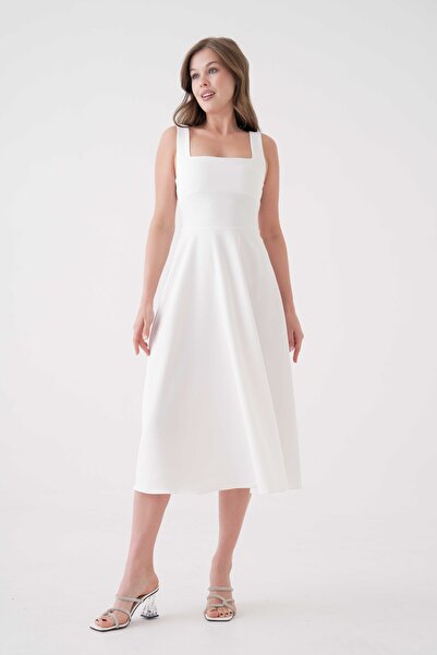 lovebox Atlas Kumaş Kloş Kesim Kare Yaka Midi Boy Beyaz Abiye Elbise 151