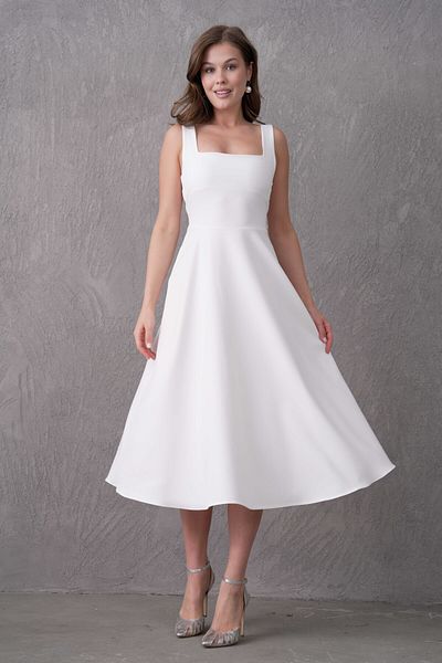 vuvutasarım Women's Atlas Fabric Square Collar Thick Strap Midi Length White Dress 151