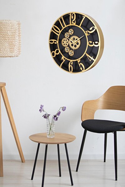 Aypaş - Galaxy Çarklı Siyah Kasa Gold Rakam Duvar Saati 34 cm