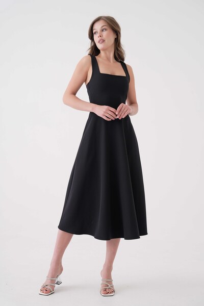 lovebox Atlas Kumaş Kloş Kesim Kare Yaka Midi Boy Siyah Abiye Elbise 151