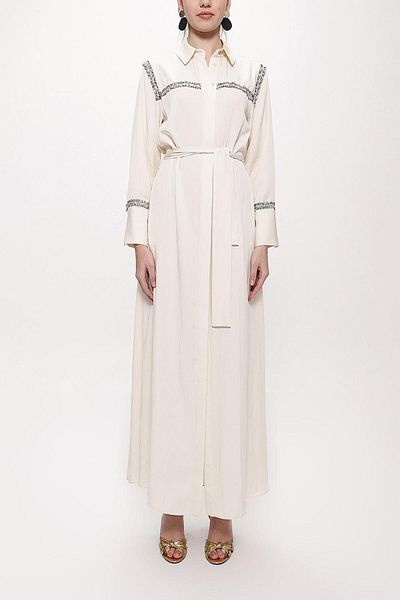SOCIETA Ecru Stripe Belted Long Shirt Dress 94153