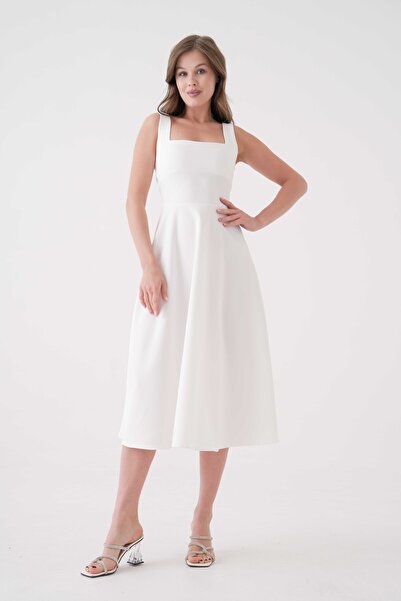 lovebox Atlas Kumaş Kloş Kesim Kare Yaka Midi Boy Beyaz Abiye Elbise 151