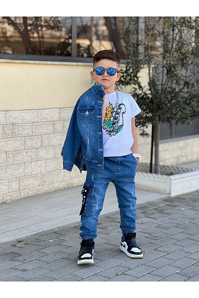 Poyraz Fashion Kids Boy's Denim Jacket, Denim Cargo Pants and T-Shirt Set, Eid Jean