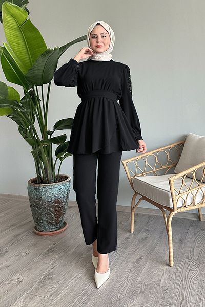 InStyle Black Set with Pearl Waist and Shirred Sleeves