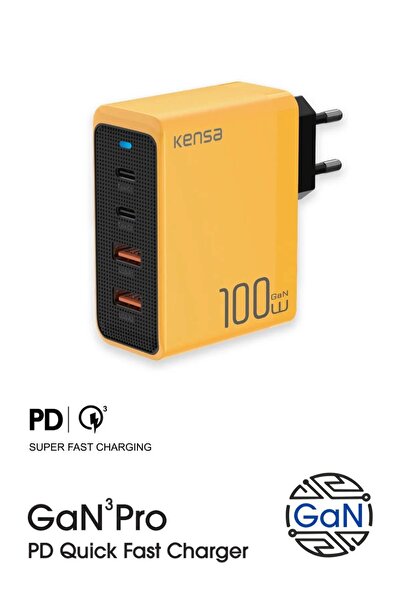 Kensa 100w GaN3 Pro Masaüstü Süper Hızlı Şarj PD Qualcomm3 Adaptör 2x Type-C 2x UsbA Toplam 4 Port