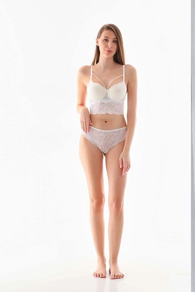 Kübra Tekstil Women's White Supported Rope Detailed Lace Padded Bralet Set, Fancy Bra, Panty, Panties