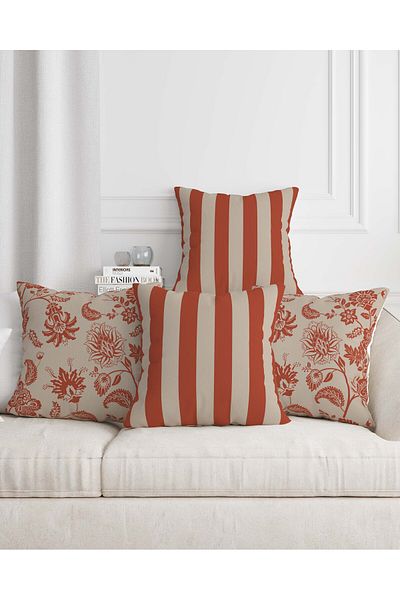 Mumi Dekor Brick Colored Line Patterned Ethnic Bohemian Digital Printed 4-Piece Sofa Pillow Throw Pillow Cover Set