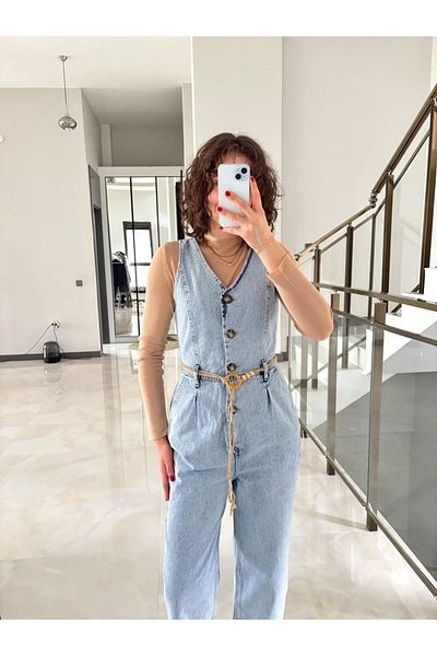Butik Ice Blue Buttoned Jumpsuit with Straw Belt Detail