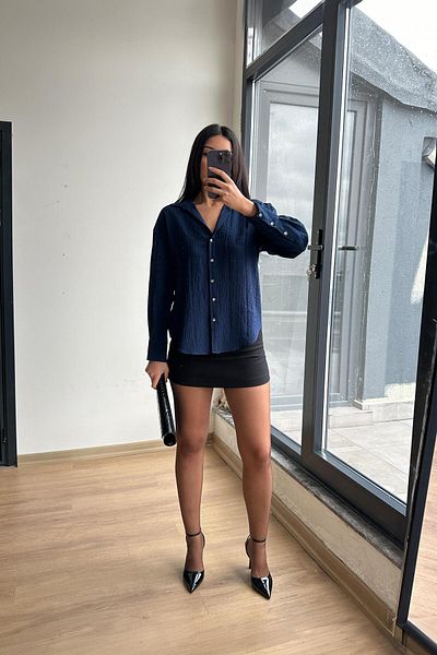 Mixray 4642 Women's Epaulet Detailed Crochet Shirt Navy Blue