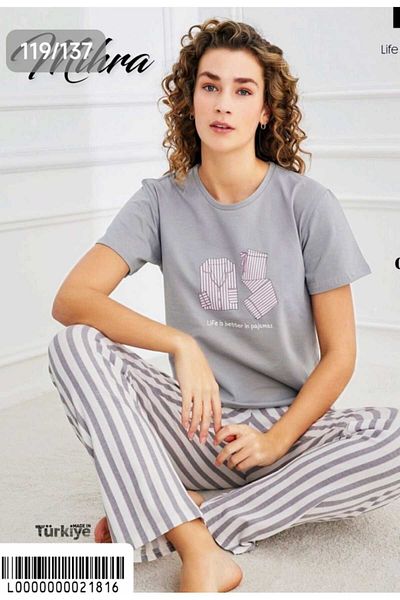 Mihra Six Striped Short-Sleeved Cotton Pajama Suit