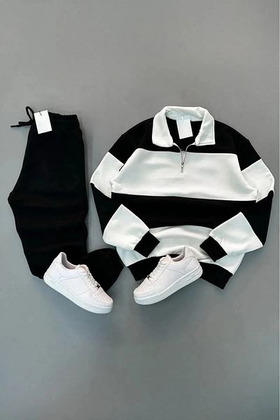 NO 601 Unisex Black Patternless Five Piece Stand Collar Sweat Black Sweatpants Set