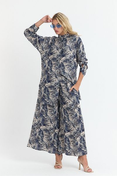 Denismoda Women's Judge Collar Patterned Loose Bottom Top Set