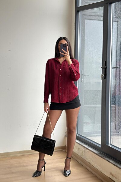 Mixray 4642 Women's Epaulette Detailed Crocheted Shirt Burgundy