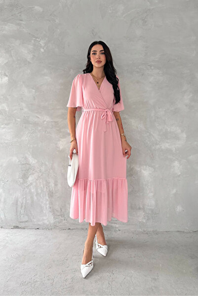 Neşeli Butik γυναικείο φόρεμα σιφόν με διπλό γιακά με ζώνη NBK4115