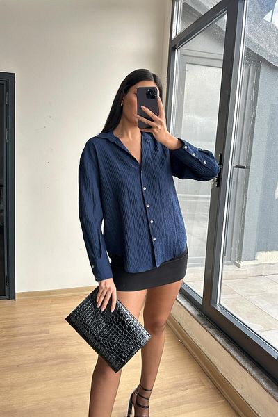 Mixray 4642 Women's Epaulet Detailed Crochet Shirt Navy Blue