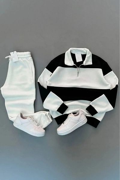 NO 601 Unisex Black Patternless Five Piece Stand Collar Sweat White Sweatpants Set