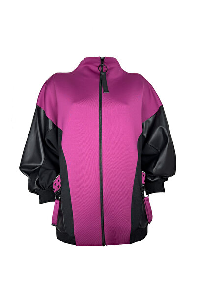ADK Mağazacılık Deri Detaylı Kontrast Fuşya Ceket