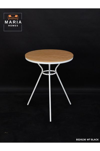 MARIA HOMES Modern Outdoor Round Table – Metal Frame & Wood-Effect Top, 60 x 75 cm