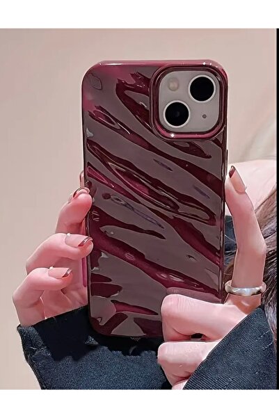 MİRAZ TASARIM IPHONE 14/15 PLUS 3D DALGALI KABARTMALI PARLAK YÜZEYLİ BORDO KILIF