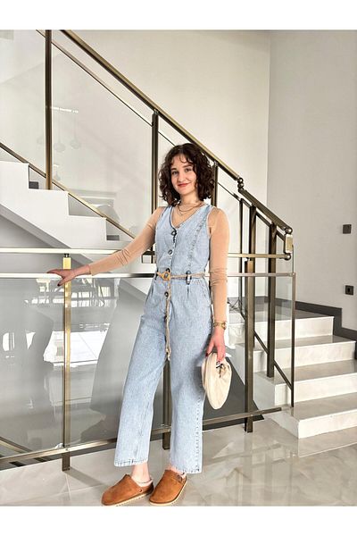Butik Ice Blue Buttoned Jumpsuit with Straw Belt Detail