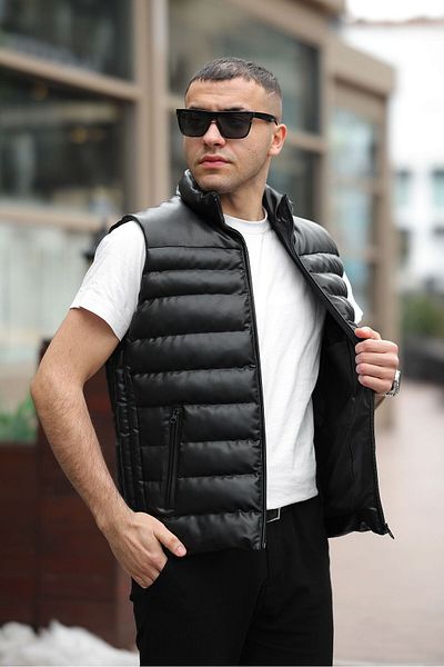 MODA New Season Men's Black Puffer Leather Vest