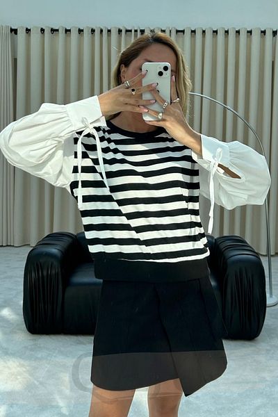 Qaju Sleeve Detailed Long Sleeve Striped Blouse 100% Cotton
